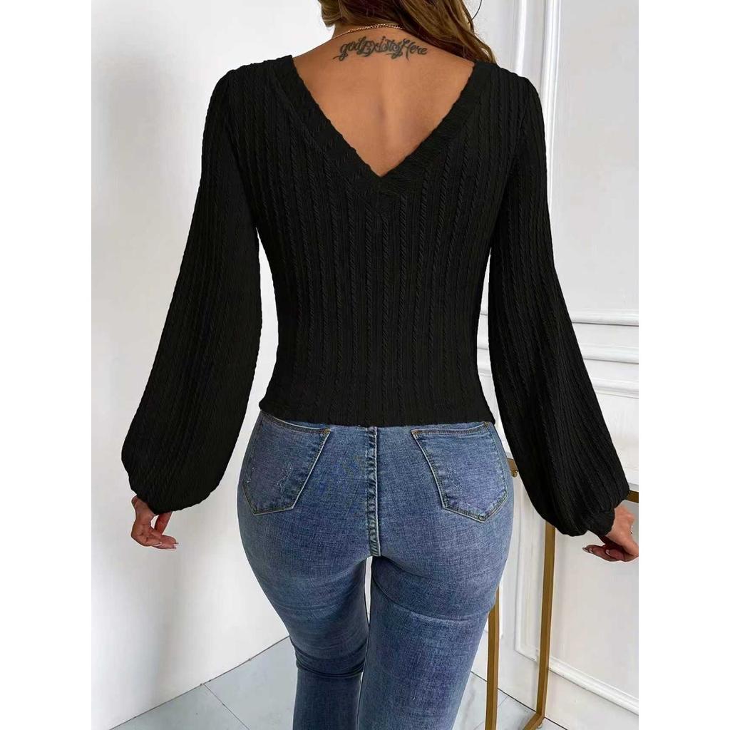 Fall Winter New Women's Solid Ribbed Long Sleeve V Neck T-shirt Casual Top, European American Style Crossborder Foreign Apparel