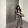 Matte Copper-Ammonia Silk Off-Shoulder Halter Neck Skirt (With Pockets) - Simple, Loose, and Silky Solid Color Long Skirt.