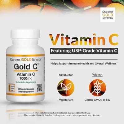 Vitamin C 1000 Mg - California Gold Nutrition - 60 Vegetable Capsules - USP Grade - 1g Ascorbic Acid - No Colorings