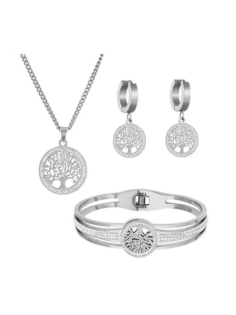 4pcs/Set Stainless Steel Hollow  Tree Of Life Peace Pendant Necklace Bracelet Earrings Ladies Wedding Jewelry Set