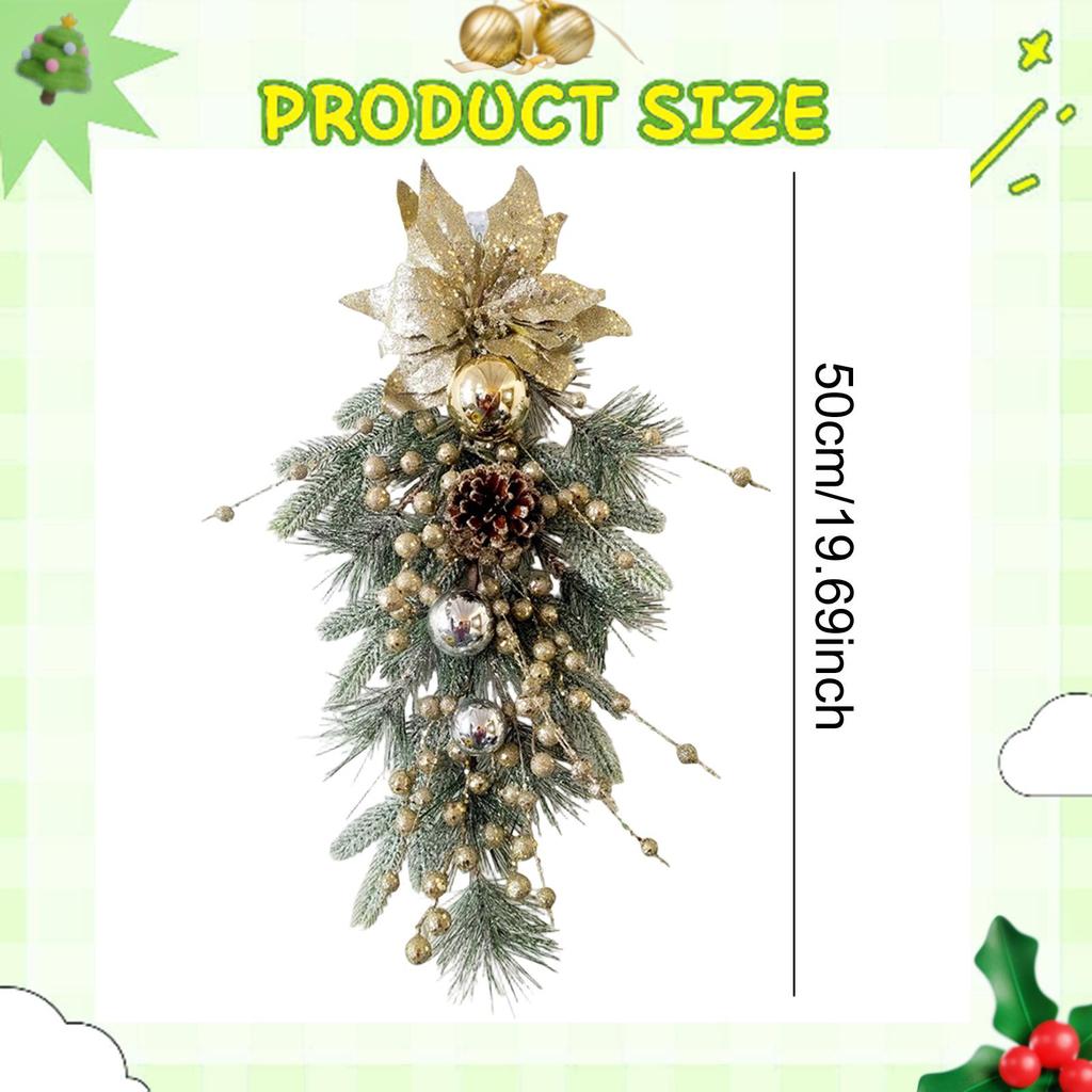 Christmas Teardrop Swag Wreath Green Leaves Christmas Decoration for Front Door for Home Fireplace Holiday Party Garden