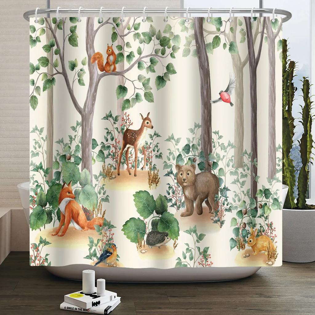 Forest Animals Shower Curtain jungle Trees Plant Wildlife Bird Bear Fox Deer Modern Minimalist Bathroom Shower Curtain