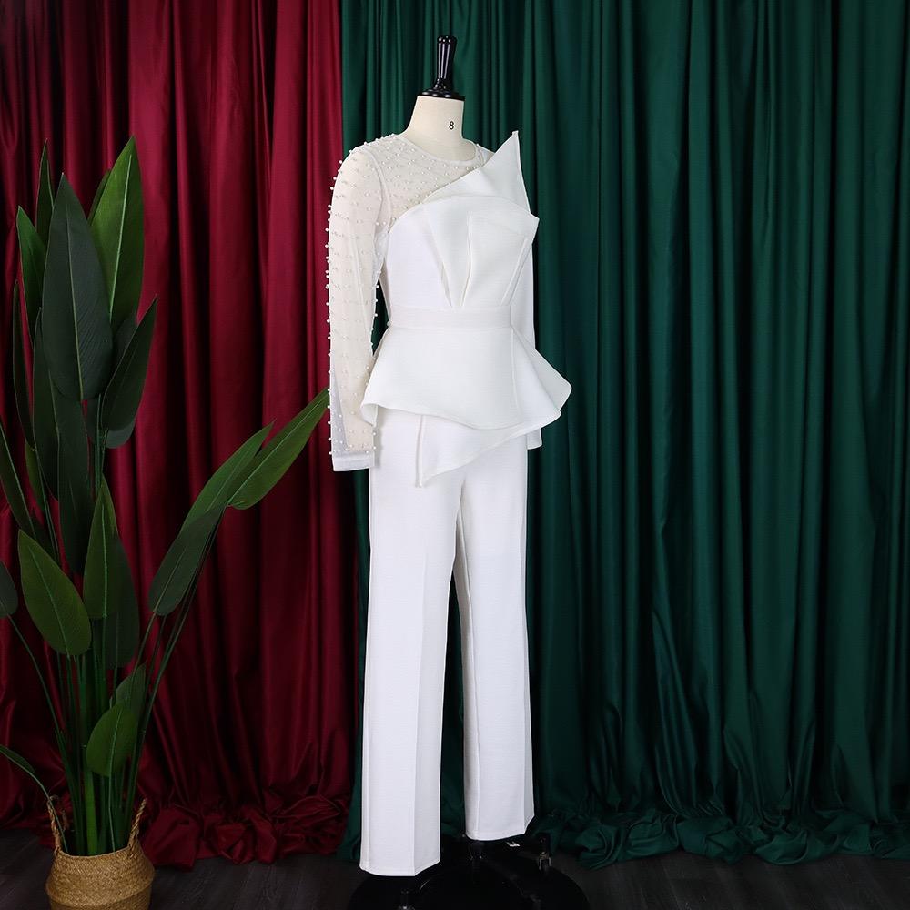 Salopete de lux pentru femei, talie înaltă, elegante, cu gât O, cu mărgele, mâneci transparente, salopete de petrecere de ziua de naștere pentru femei