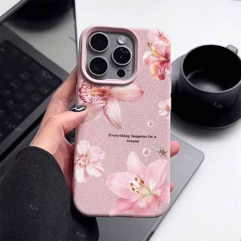 

Pink Lily Apple Phone Case for Models 12-17 Pro, Large Hole Design, Faux Leather Texture. Apple 17
