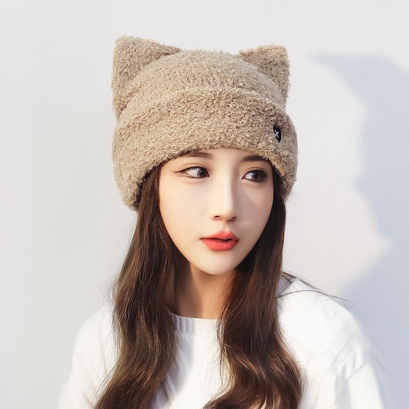 Sweet Cat Ear Knitted Hat: Autumn/Winter Warm, Cute Japanese Style with Heart Embroidery for Women