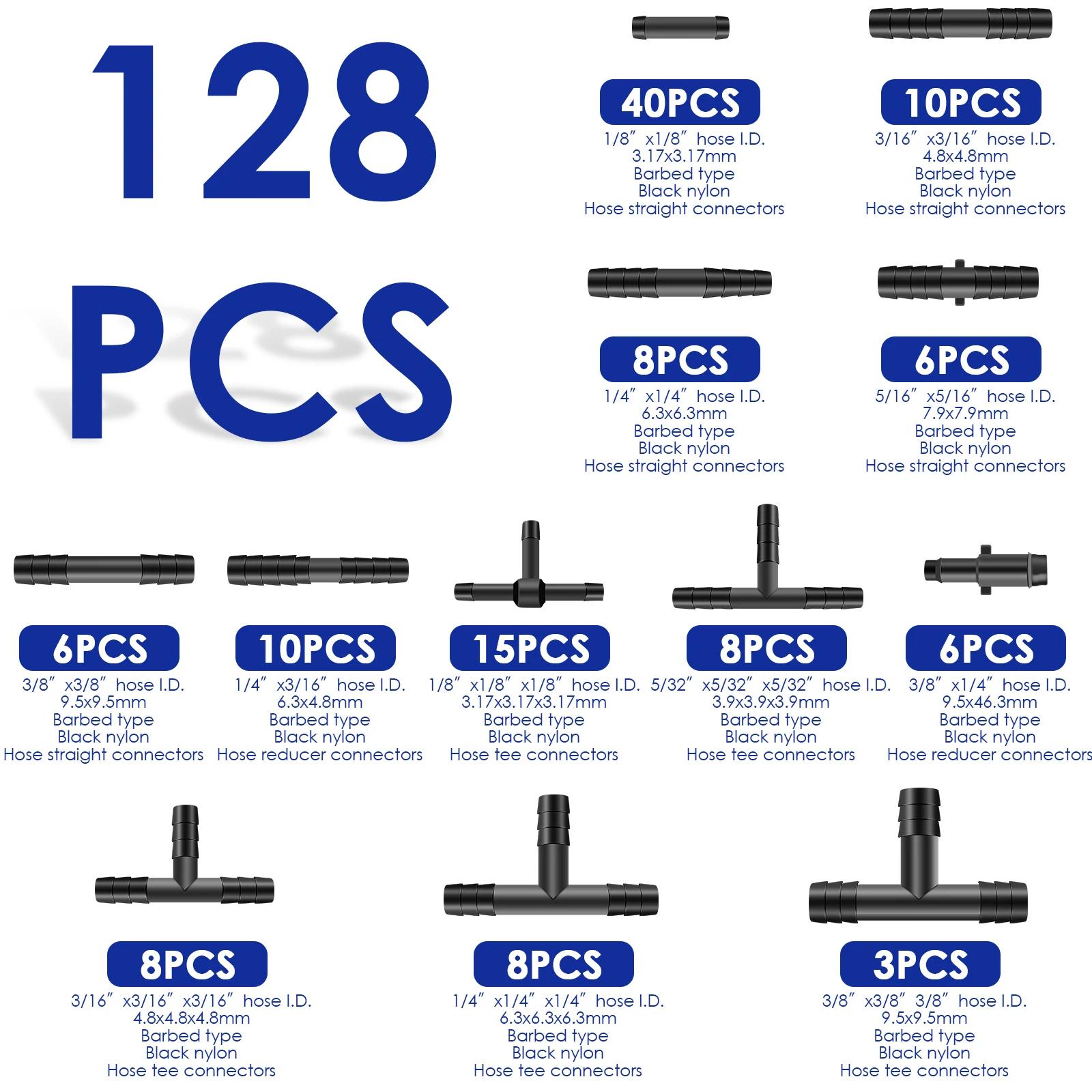 128Pcs Vacuum Connector Assortment Plastic Hose Joiner Tee Water Spray Pipe Joints Plastic Straight T Piece Connectors for Car nero