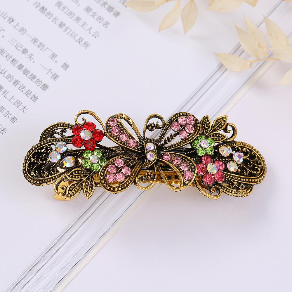 Korean Fashion Retro Colorful Rhinestone Hairpin Elegant Ladies Bronze Metal Flower Plate Hair Top Clip Headband Hair Accessory