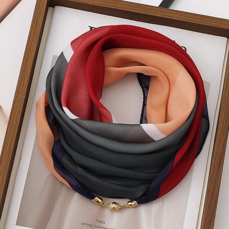 

Магнитный шарф-пряжка для женской весны и осени, универсальный шифоновый шелковый шарф с цветными блоками, маленький шарф темно-синий