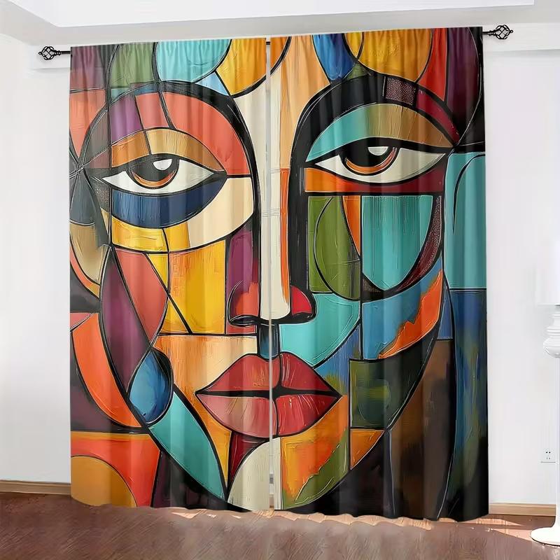 2 Pcs Retro Patchwork Face Print Curtains,suitable for Bedroom,living Room Kitchen Decoration,home Decoration,window Decoration
