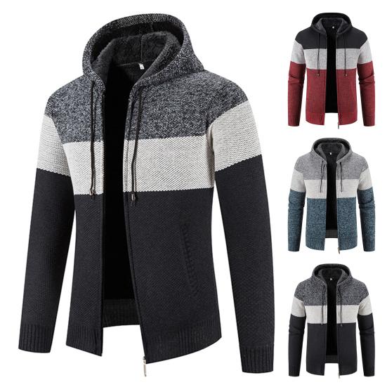 Pánský svetr s kapucí Kabát Color Block Dlouhý rukáv Stahovací šňůrka Slim Fit Podzim Zima Plyšová Podšívka Pletený svetr Cardigan Streetwear