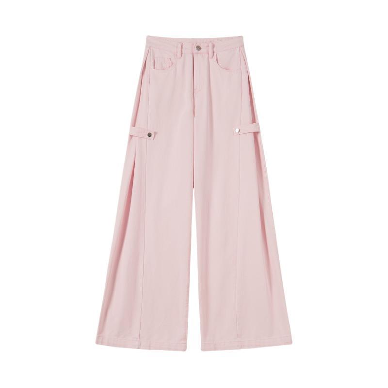 Womens High Waist Yellow Cargo Wide Leg Jeans Casual Loose Flare Denim Trousers Streetwear
