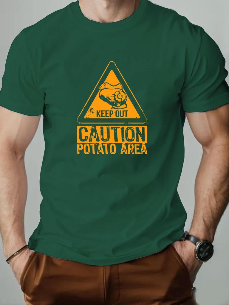 Mens cotton Tshirt CAUTION POTATO AREA summer round neck short sleeve graphic breathable fashion casual Tshirt
