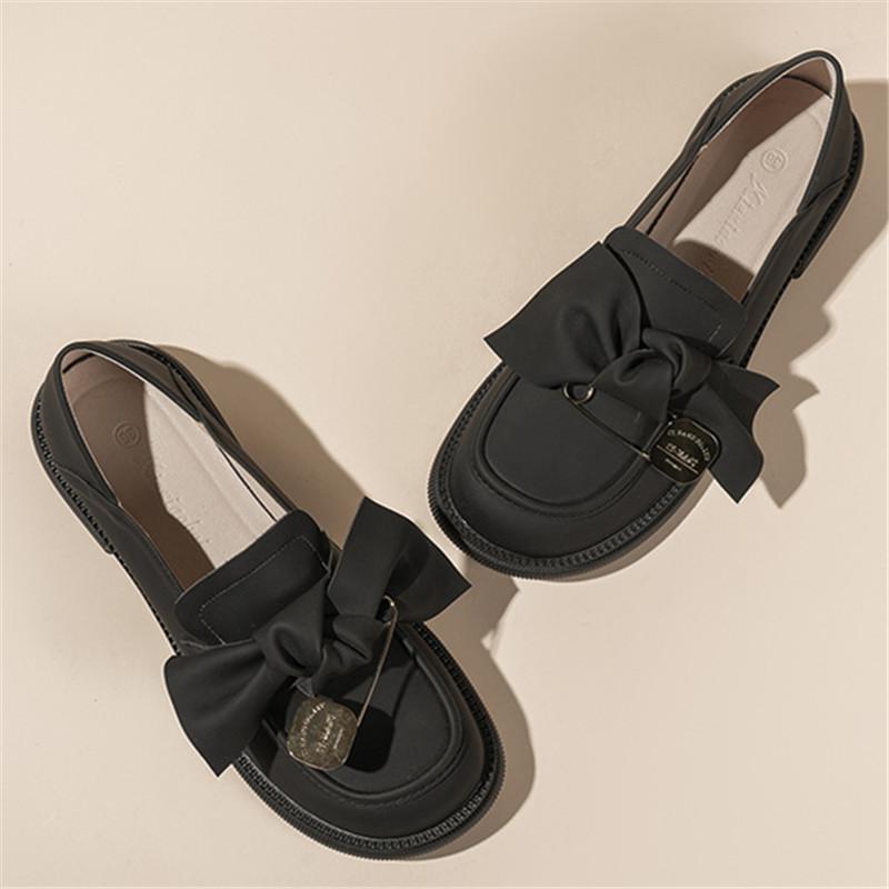 Кожаные туфли на толстой подошве с леффером женские маленькие кожаные туфли с бантом женские туфли на одинарной подошве 34 чёрный 4578₽