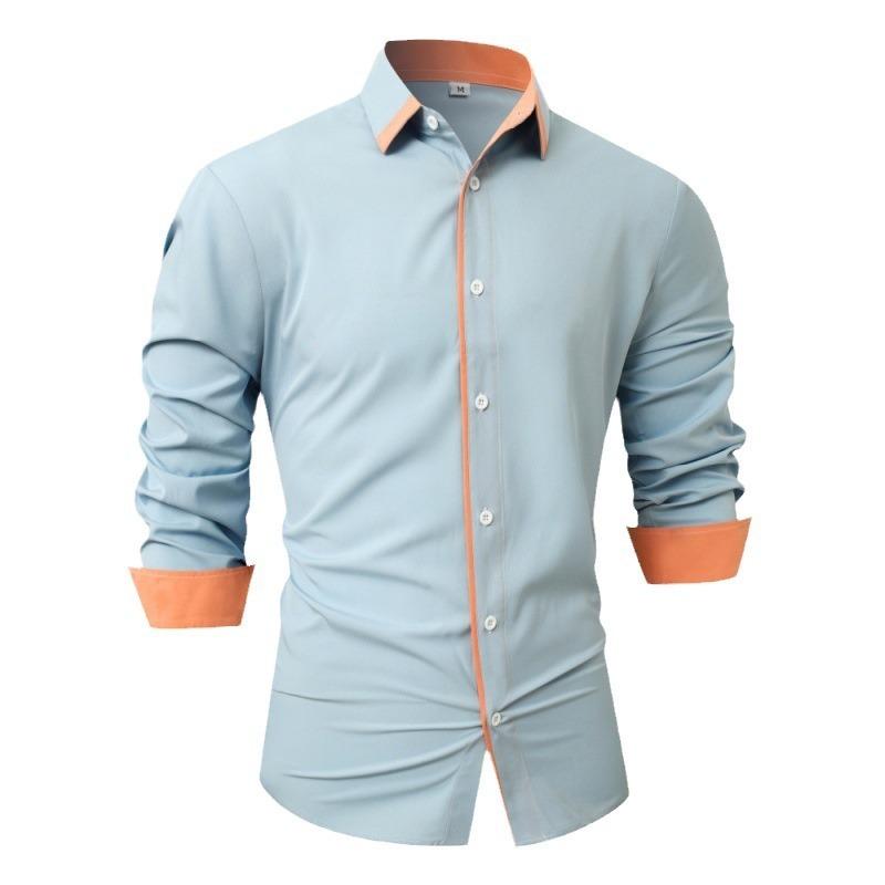 Fashion Shirt Spring Autumn Solid Color Splicing Contrasting Color Casual Long Sleeved Men's Shirts (men’s)
