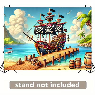 2D Bright Caribbean Pirate Backdrop with Colorful Ship & Turquoise Water