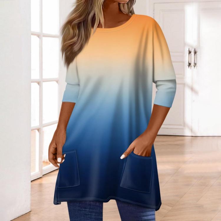 Women 3/4 Sleeve Round Neck T Shirt Casual Print Blouse Pullover Tops with Pocket Mid Length
