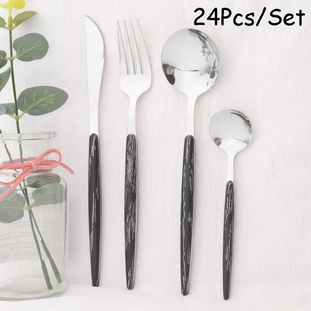 24 ks Černozlatá sada příborů s dřevěnou rukojetí Nerezová sada nádobí Nůž Vidlička Kávová Malé lžičky Stolní nádobí Kuchyňské Stříbrné nádobí