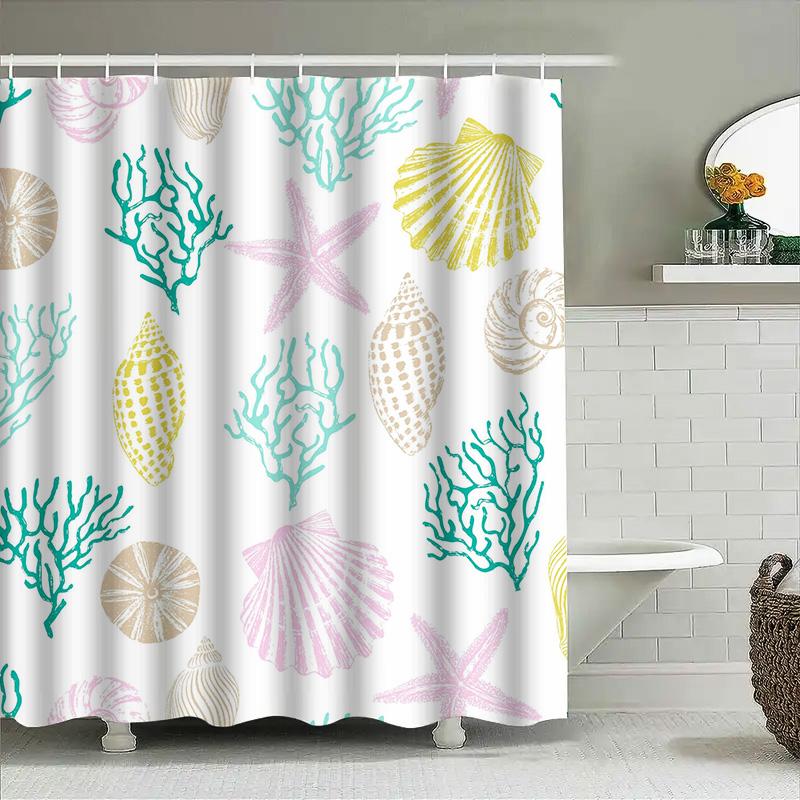 Seashell Print Shower Curtain Bath Decor White