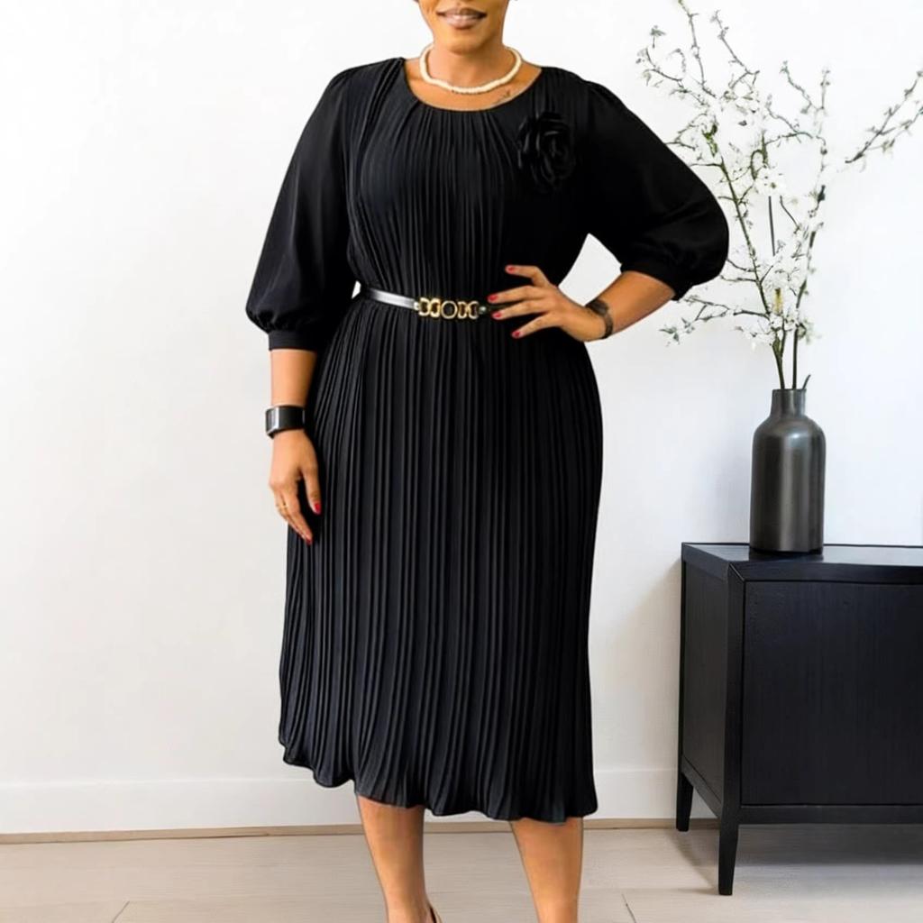Women's new summer seven-quarter sleeve round neck solid color fashionable simple waist medium and long dress
