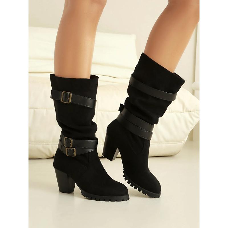 Fashion 2025 Autumn and Winter New Large Size Heel 6.5CM Side Zipper Low Tube Female Boots Double Buckle Fold in The Boot