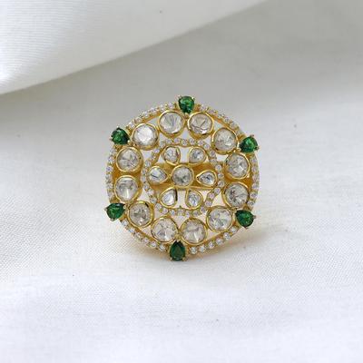 Indian Kundan Women Ring 925 Sterling Silver Handmade Jewelry, Gold Finish Kundan Ring, Statement Women Ring Polki Ring, Moissanite Adjustable Ring