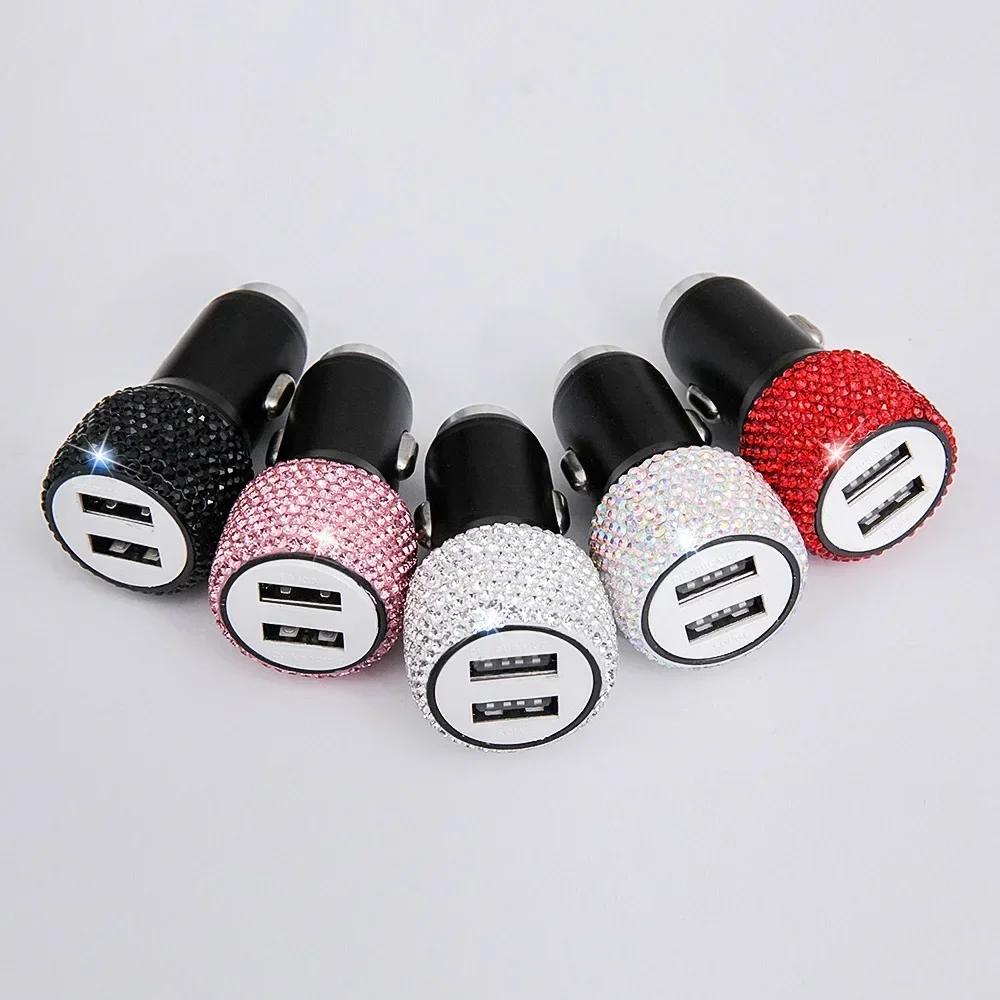 USB Car Charger Bling Bling Handmade Rhinestones Crystal Car Decorations for 3-in-1 5V 2.1A Car Decors for IPhone/Samsung