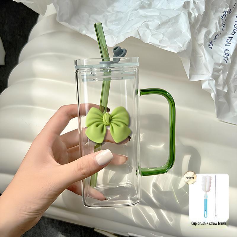 INS Stil Schmetterlingsbecher: Hohes Borosilikatglas, Transparentes quadratisches Design mit Griff & Strohhalm, Temperaturbeständig für Frauen.