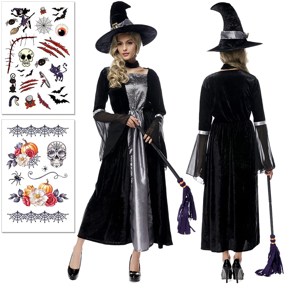 

Комплект для косплея ведьмы ZAIDEA на Хэллоуин с набором для взрослых, размер подходит для женского костюма, татуировки, 4 предмета (Один для всех, Черный/Серебристый)