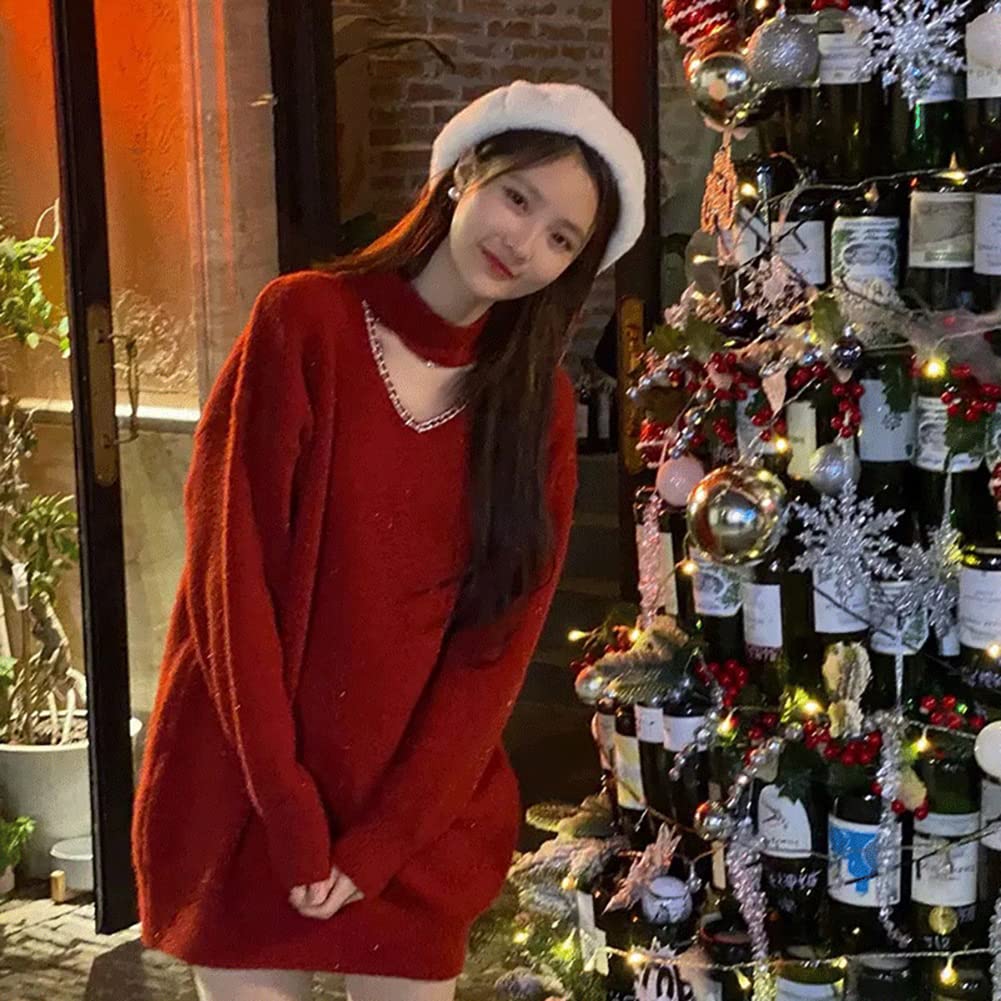 NOLCCTN Knit Long Christmas Knit Long Loose High MY218 Women's Dress, Sleeve, Tunic, Sweater, Slimming, Fit, Neck, Autumn/Winter, (M, Red)