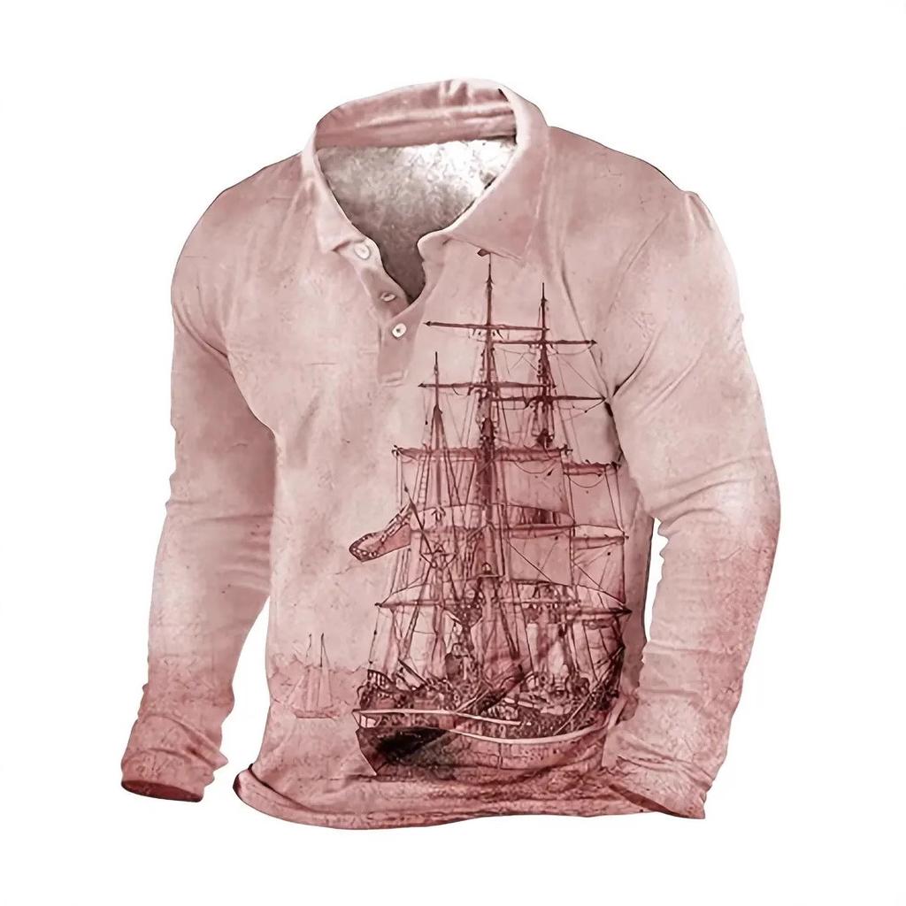 Nautical Sailing Print Long Sleeve Polo, Trendy Casual Wear