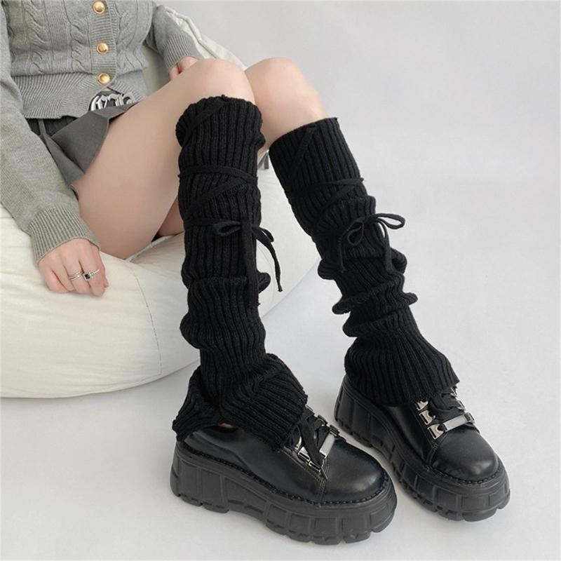 Girls Lolitas Leg Warmers Bows Lace Up Knit Flared Leg Sleeves Goth Baggy Cuffs Ankle Heap Socks JK Uniform Foot Cover