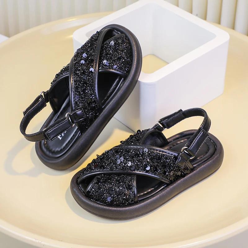 Girls' Peep Top Beach Shoes with Sparkling Sequins 2024 Summer Kids Versatile Princess Sandals Girls Fashion Sandals Outdoors