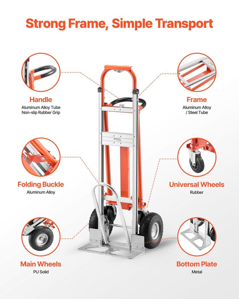 4-i-1 Handkärra, 453,6 kg Lastkapacitet i 4-hjulsläge, Konvertibel Handkärra Dolly med Halkfritt Handtag & Hjul, Bärbar av Aluminiumlegering