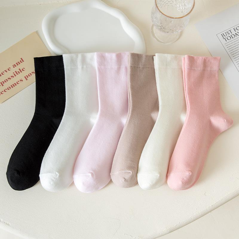 5 Pairs Socks Women's Mid-calf Socks Spring and Autumn Tide Solid Colour Cotton Socks Pink Stacked Socks Wholesale White Loose Monthly Socks