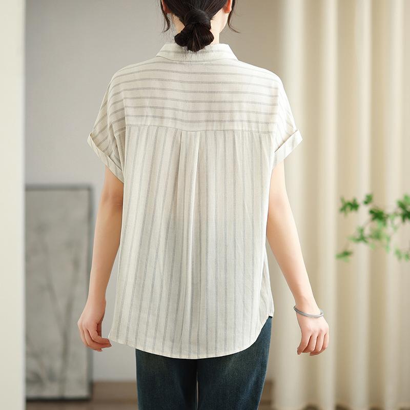 Summer Cotton and  Linen  Striped Casual Loose Short-sleeved Shirt Top Women