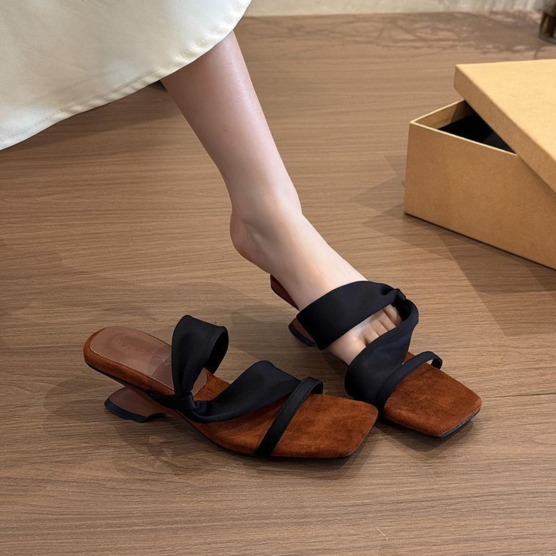2025 New Summer Niche High-end French Fairy Style One-word Slippers Femininity High Heels Sandals Outer Wear Women