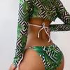 2024 Euro-American Mesh Hollow Out Drawstring Bikini Set - Three-Piece Swimwear