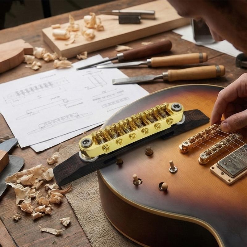 High Performances Fixed Saddles Rosewood Bridge Electric Guitar Bridge Tailpiece with Golden Roller Saddles Easy to Use