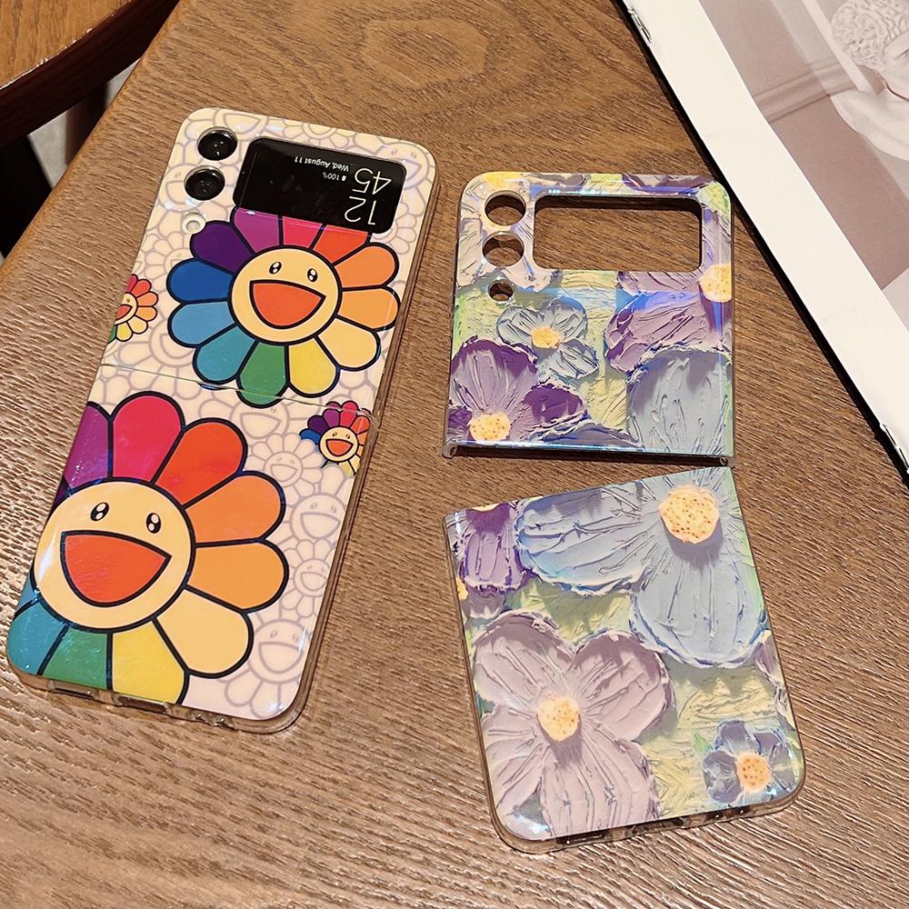 Koreanischen Stil Nette Cartoon Lächeln Sonne Blume Blue Ray Telefon Fall Für Samsung Galaxy Z Flip 3 5g Harte PC Zurück Abdeckung