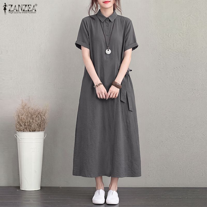 ZANZEA Women Casual Turn Down Collar Solid Color Loose Short Sleeve Long Dress S