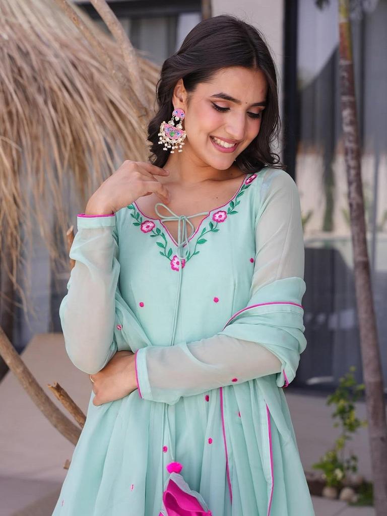 Women Anarkali Kurta Set with Dupatta – Embroidered Flared Ethnic Party Wear