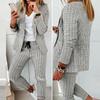 2 Stück/Set Damen Blazer Hosen Set Umlegekragen Cardigan Langarm Elastische Taille Schmale Passform Kordelzug Formell Knöchellang Kariert