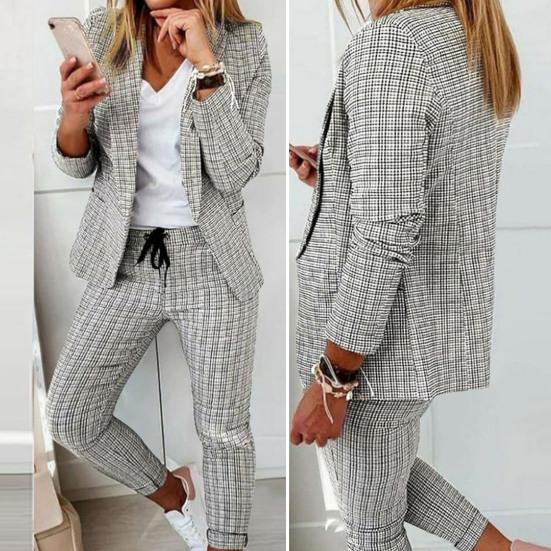 2 Stück/Set Damen Blazer Hosen Set Umlegekragen Cardigan Langarm Elastische Taille Schmale Passform Kordelzug Formell Knöchellang Kariert
