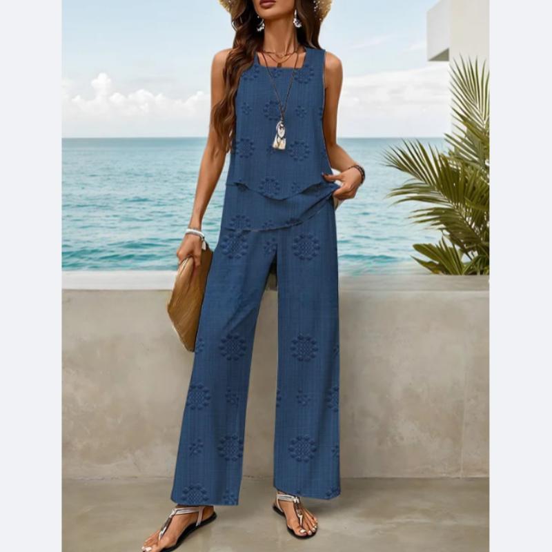 Vestă fără mâneci cu gât pătrat, cu strat dublu, cu imprimeu cu dungi texturate de plante în stil nou, pantaloni drepți, costum vestă lejer și confortabil