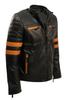 Handmade Moto Stylish Men Original Lambskin Leather Black Biker Jacket Orange Striped