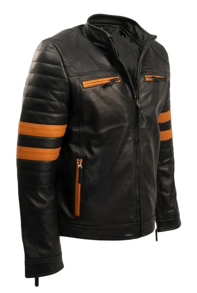 Handmade Moto Stylish Men Original Lambskin Leather Black Biker Jacket Orange Striped