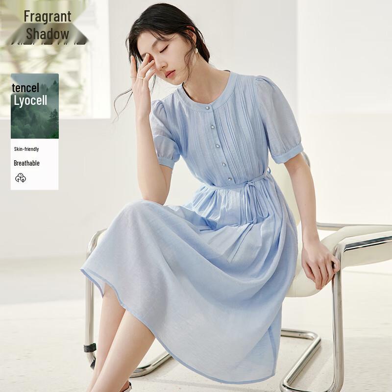 Xiangying Women s Blue Lyocell A-Line Puff Sleeve Dress M (160/84A)
