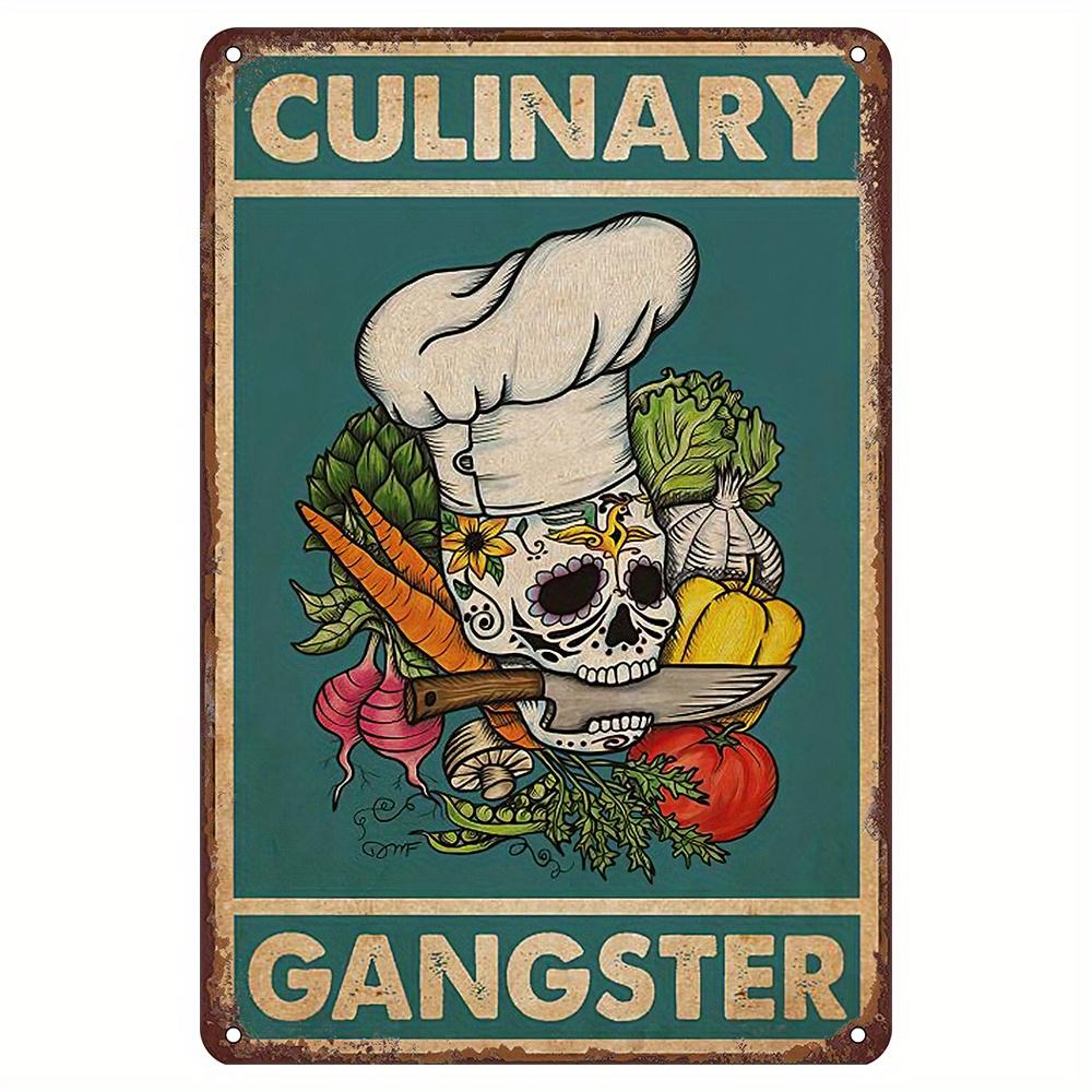 Culinary Gangster Retro Metal Sign Vintage Chef Skull with Crossed Knives Vegetables Art 30x20cm Funny Kitchen Decor fo aluminum 20x30cm