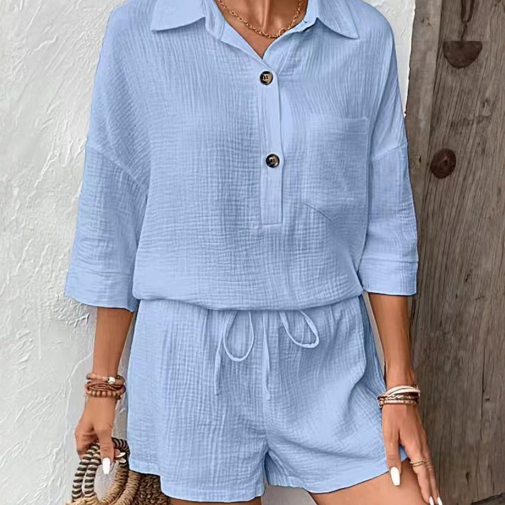 Women's  Color Casual Shirt Collar Casual Two-piece Set