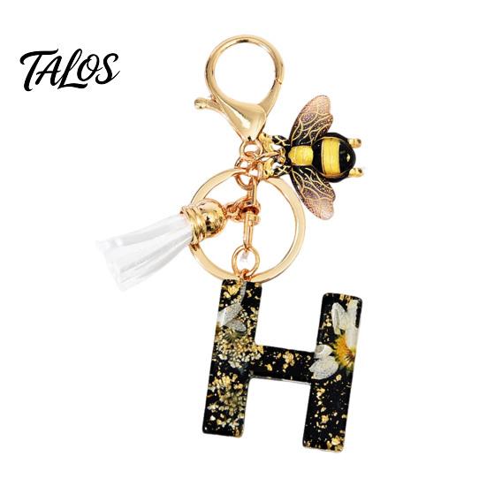 Talos Black Series Keychain Pendant, Dried Flower Initial Letter Charm Key Chain with Bee Tassel Design, A-Z Holder for Bag Purse Backpack